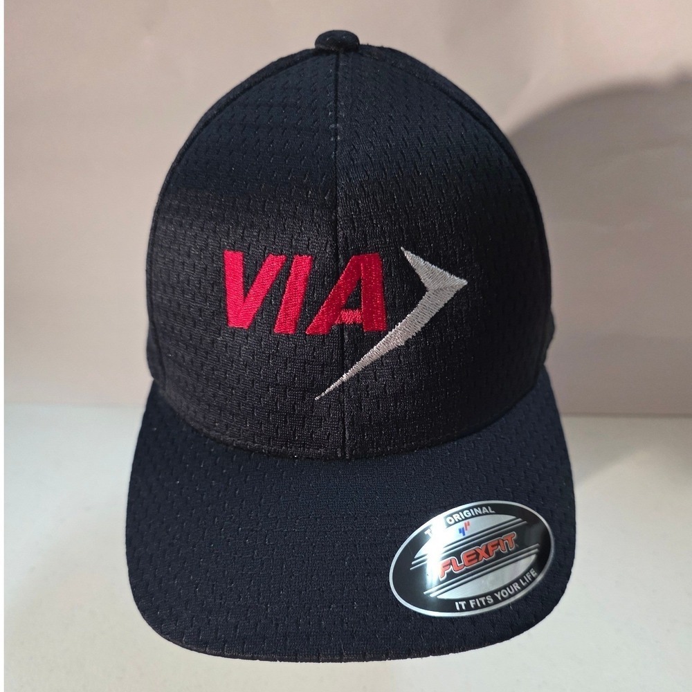 VIA Flexfit Black Baseball Cap Mesh Logo Adjustable Flex Fit Fitted